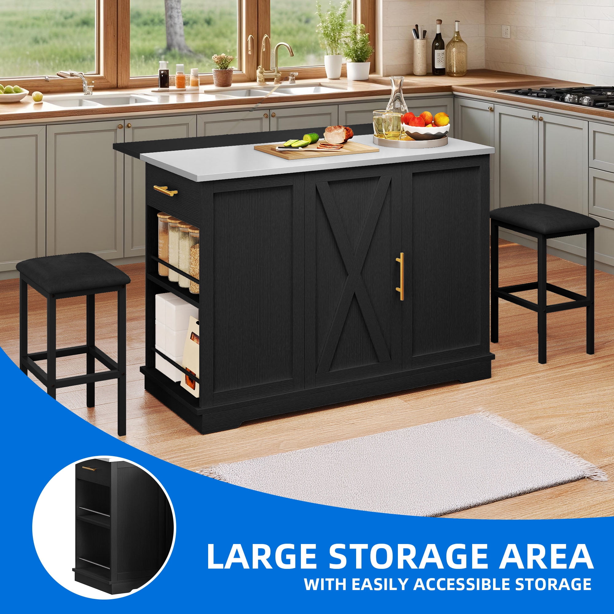 DEXTRUS Kitchen Island Table with Stools & Trash Storage, Kitchen Island with Drop Leaf, Black