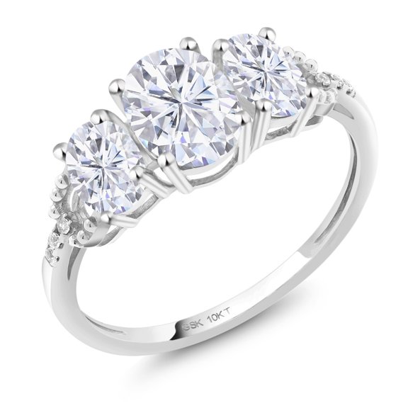 Gem Stone King 10K White Gold White Moissanite and White Diamond 3-Stone Engagement Ring | 1.92 Cttw | Oval 7X5MM and 6X4MM | Three Stone Wedding Anniversary Promise Ring for Women| Size 6