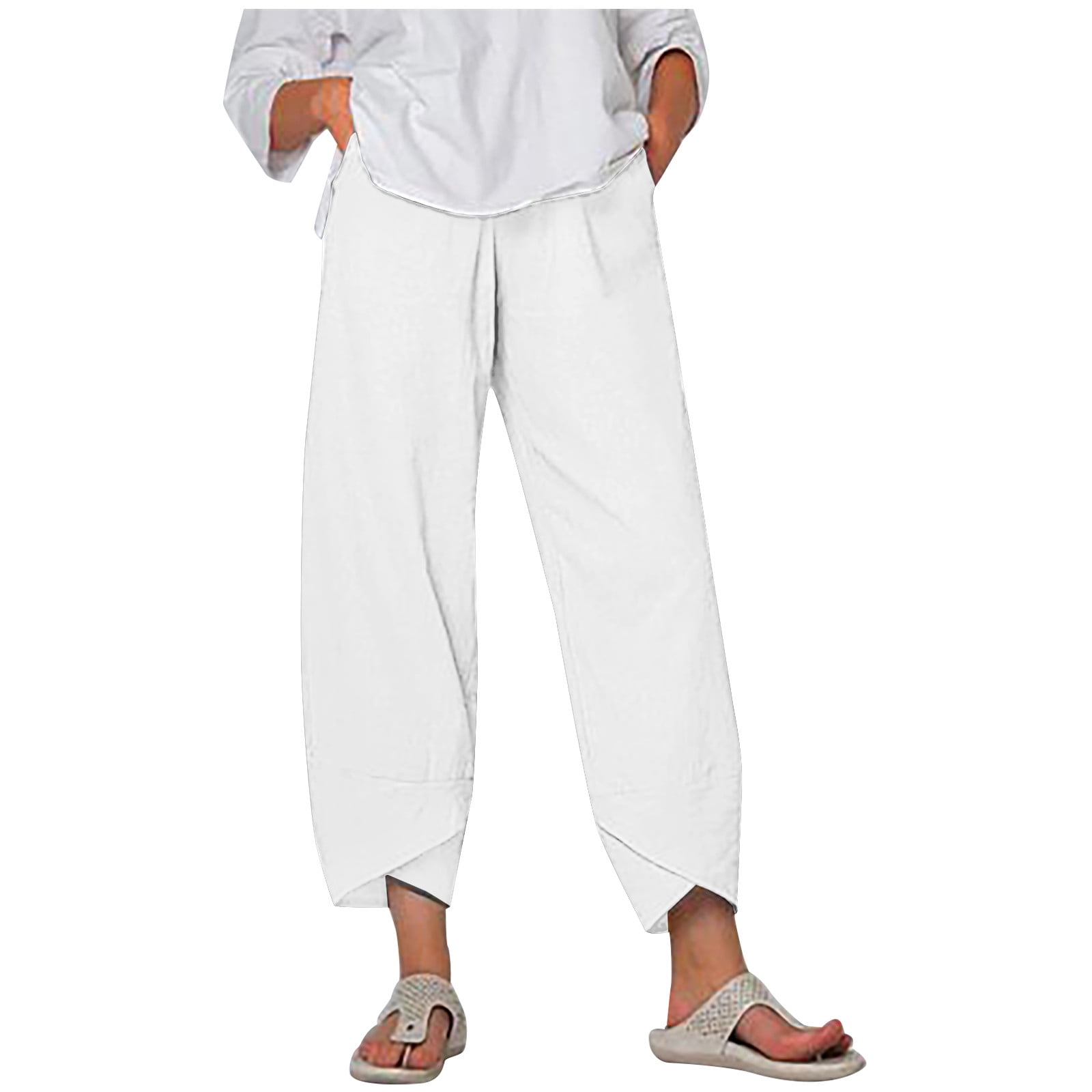 fartey Cotton Linen Pants for Women Casual Summer Loose Capri Pants Solid Wide Leg Sweatpants with Pocket 