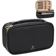Makeup Brush Cosmetic Organizer Portable 2 layer Small Makeup Pouch with Carry Handle for Travel (black)