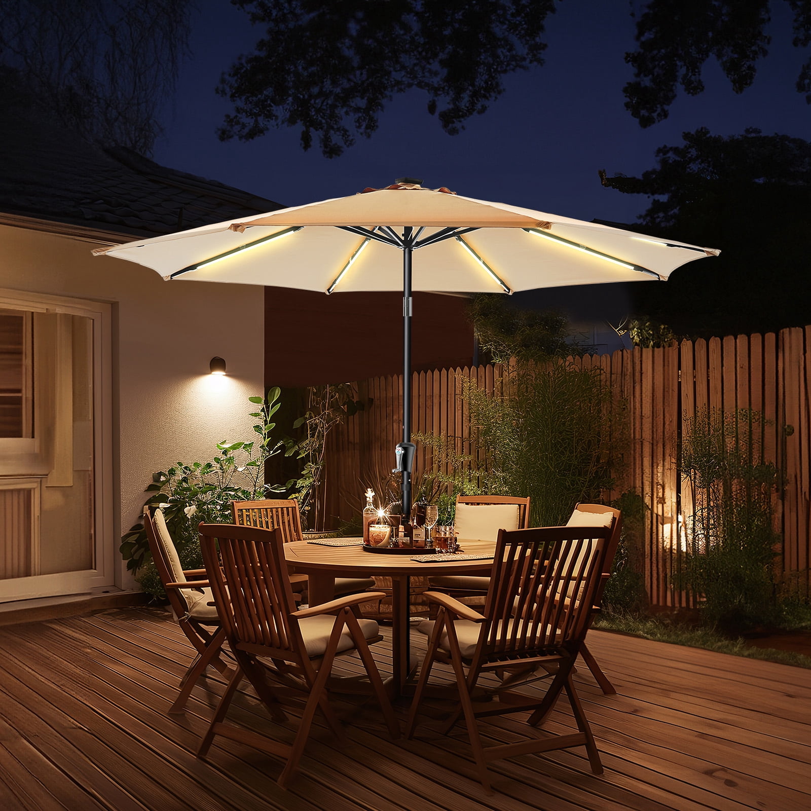 Patbrela 9FT Patio Umbrella Solar Lighted Outdoor Umbrella with LED Strips, Convenient Crank Lift System, for Beach, Gargen, Yard, Home, Pool, Beige