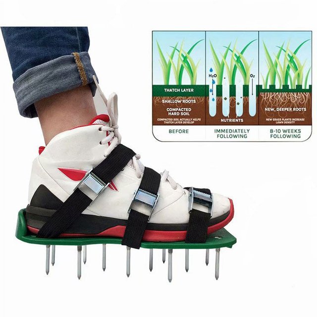 Zapatos aireadores para césped de jardín, sandalias con puntas de aireación, par de herramientas con púas para hierba verde, zapatos de tierra sueltos, color negro (30x13cm)