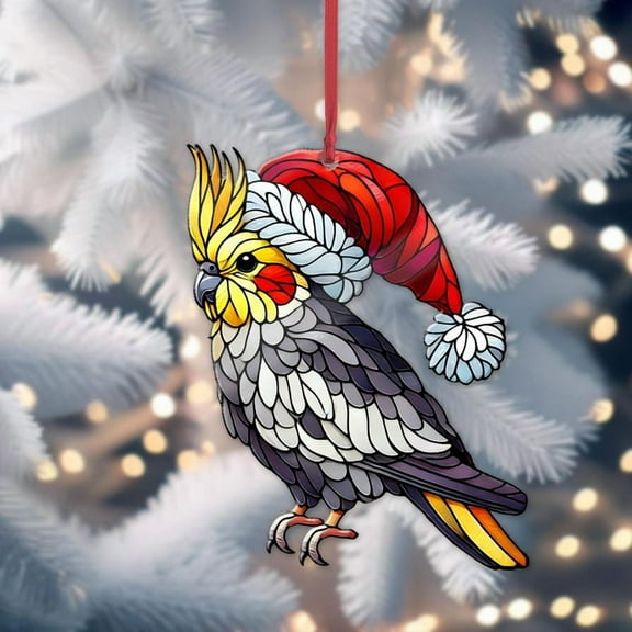 TiniDecor Cockatiel Santa Ornament, Stained Glass Style Acrylic, Funny Bird Holiday Decor