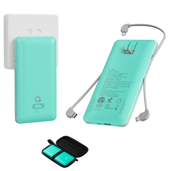 Q 10000mAh Portable Power Charger PD20W Fast Charging Portable Charger with Cables,USB Battery Pack with Built-in Cables AC Wall Plug Compatible for iPhone and Android Cell Phone