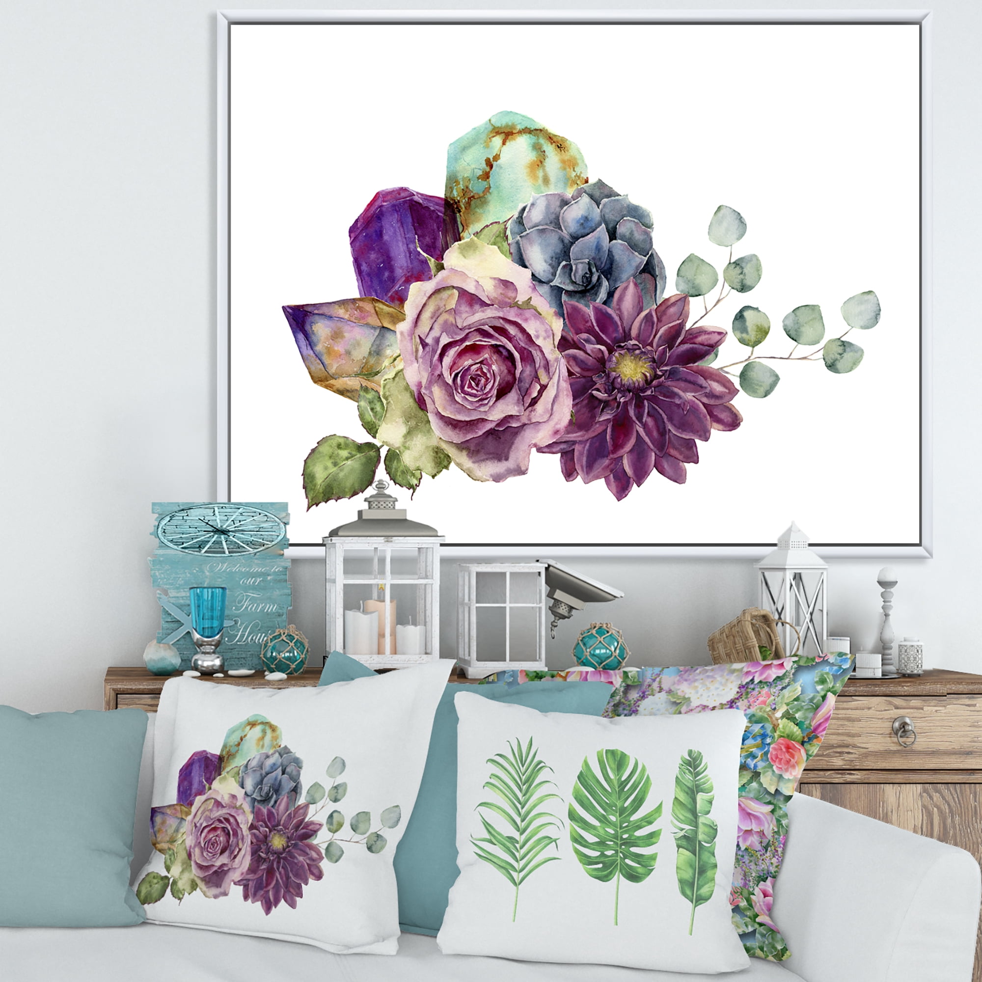 Designart 'Bouquet of Succulents Eucalyptus With Flowers' Traditional Framed Canvas Wall Art Print