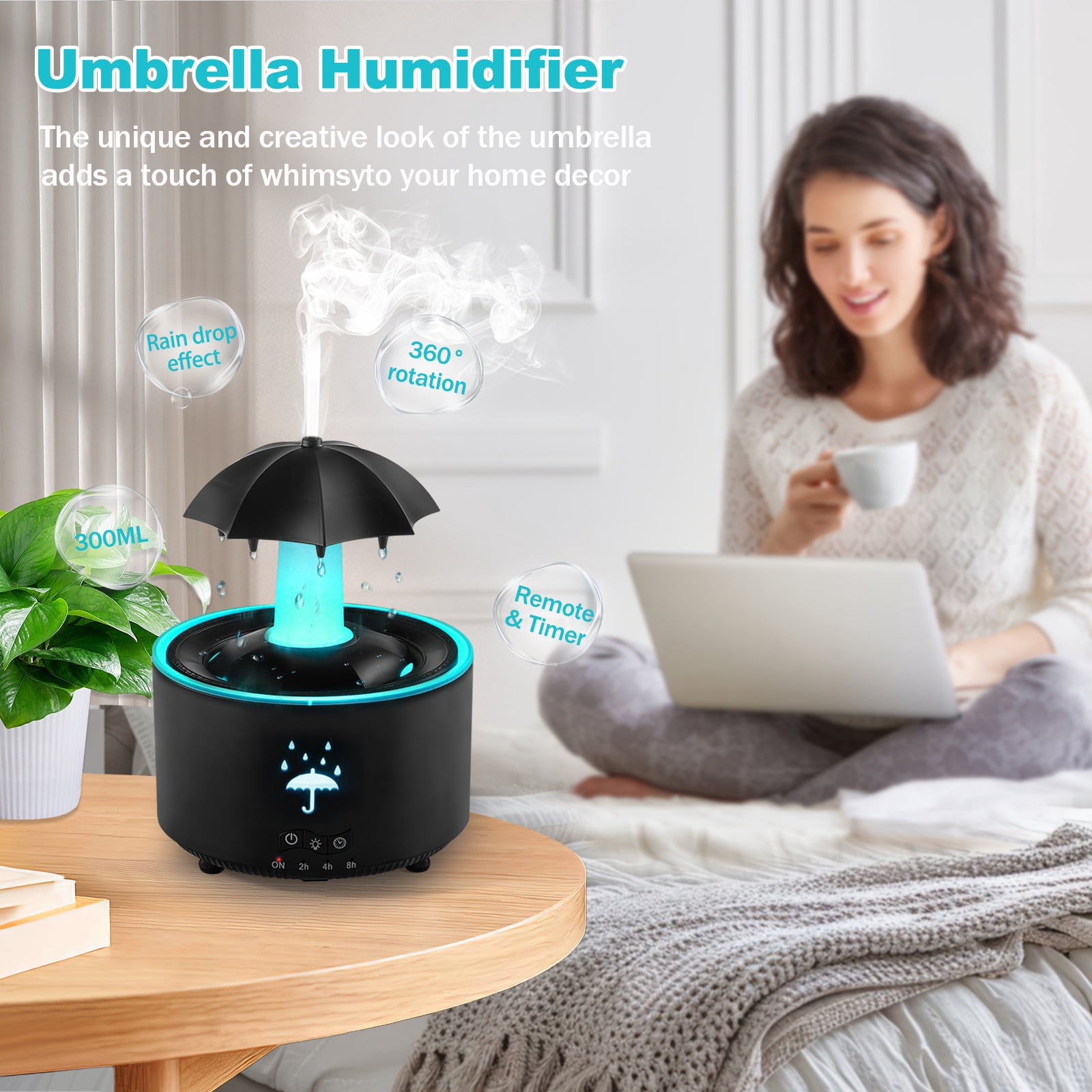 Humidifier for Bedroom, 7-Color Rotating Umbrella Diffuser with Rain Drop Effect, 300ML Small Humidifier Aroma Diffuser with Remote & Timer, Funny Rain Humidifier Gift for Kids Teen Women