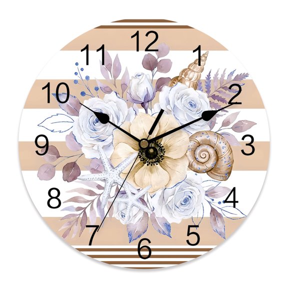 Wall Clock 14 Inch Spring Floral Round Silent Decorative Wall Clocks Battery Operated for Living Room Bedroom Kitchen Classroom Decor, Country Botanical Shells Sandy White Stripes