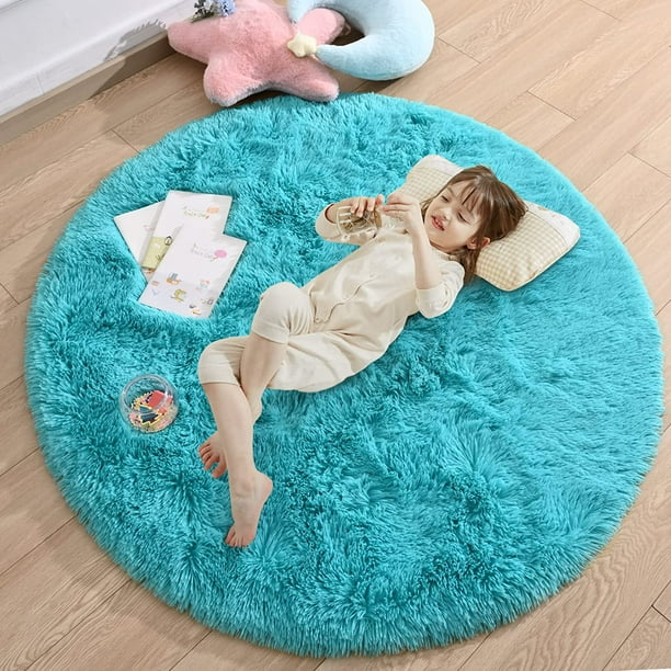 Fashionable and durable Teal Round Rug for Kids Room, 4 ft Soft Shaggy