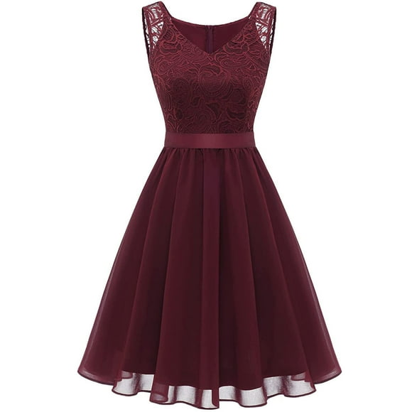 Meichang Lace A Line Dress for Women Tunic Flowy Chiffon Hem Sundresses Dressy Casual Lace V Neck Sleeveless Dresses Formal Solid Color Wedding Guest Dress