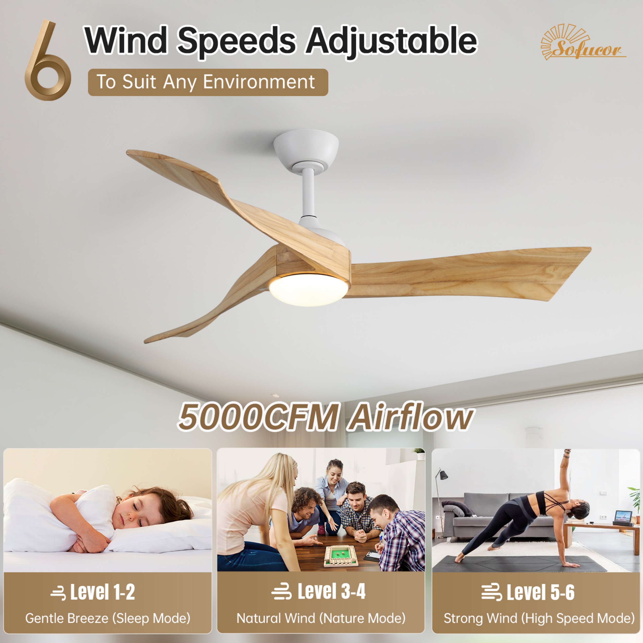 Sofucor 52 Inch Ceiling Fan with Light and Remote, Modern 3 Solid Wood Blades Ceiling Fan, 6 Speeds 5500CFM, Dimmable 3-Color LED with Memory, Timer & Quiet & Reversible DC Motor, ETL, Nature Wood