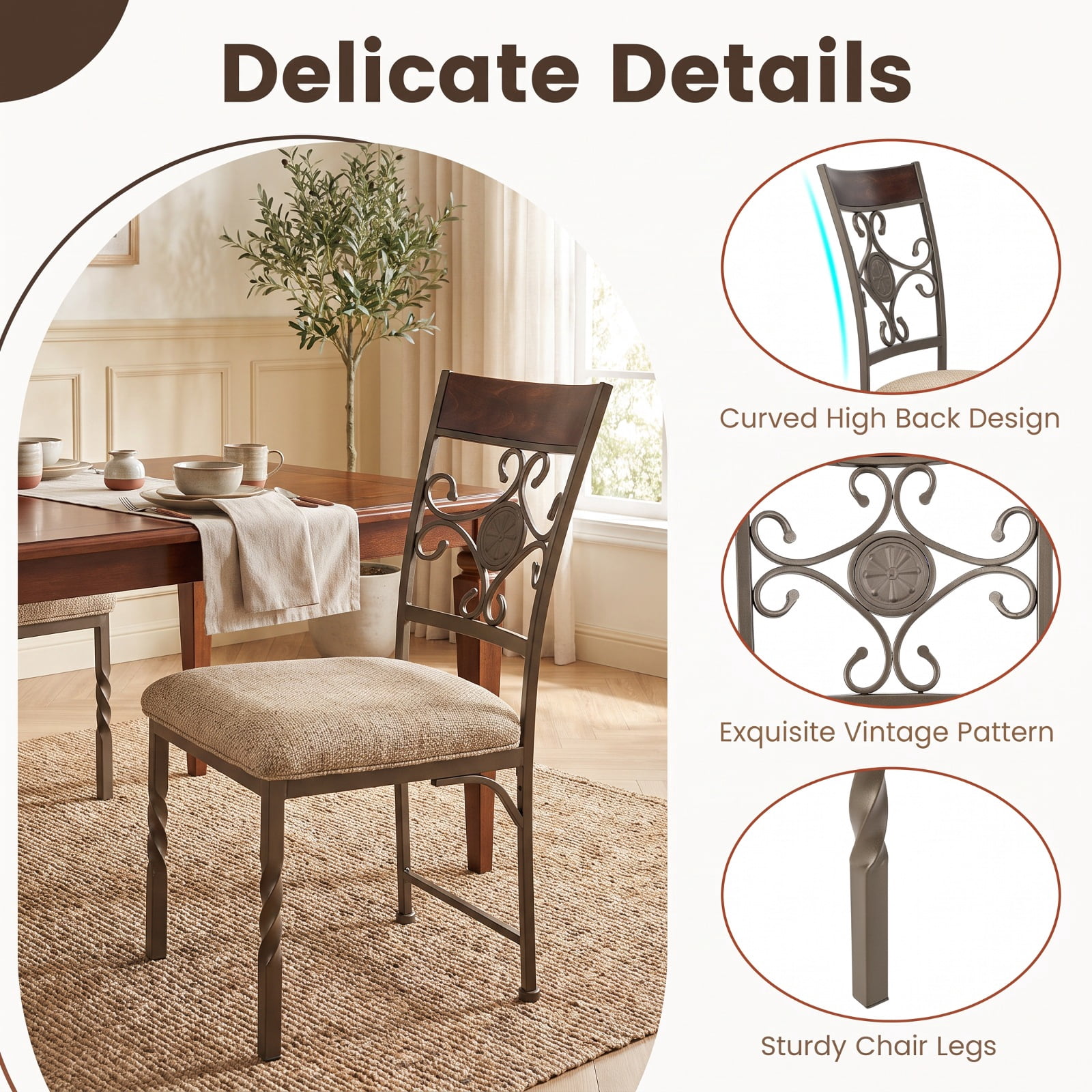 Furnibear Armless Dining Chairs Set of 2 with Padded Seat Cushion and Metal Frame Brown