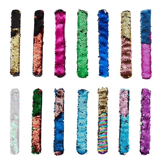 Mermaid Slap Bracelets Two-color Reversible Charm Sequins Flip Wristbands Mixed Color 8-1/4 inch(21cm) 25x3mm 14pcs/set