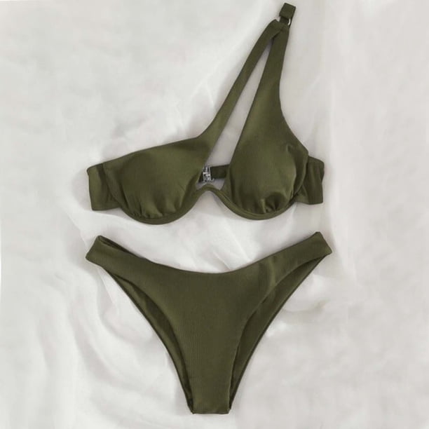 Traje de baño para mujer, bikini de dos piezas con hombros descubiertos y soporte de acero, color liso, trajes de baño para mujer, conjuntos de bikini para mujer, trajes de baño de bikini para mujer