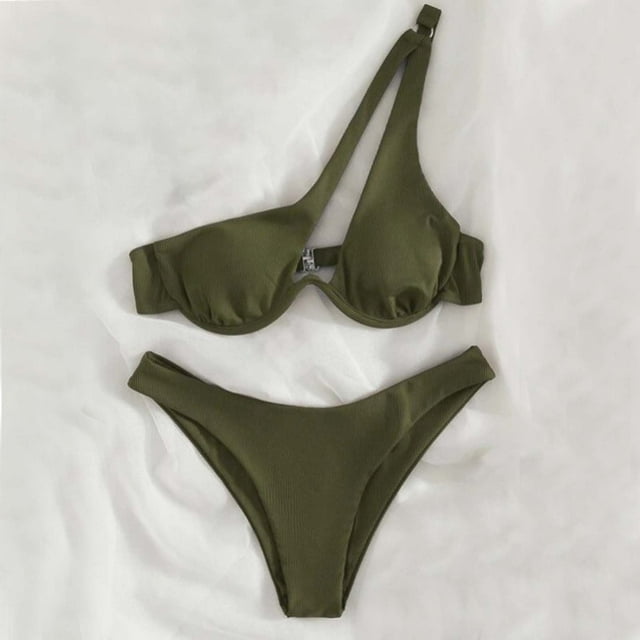 Cameland Ladies' Sexy Split Shoulder Steel Support Bikini Solid Color Two-piece Swimsuit