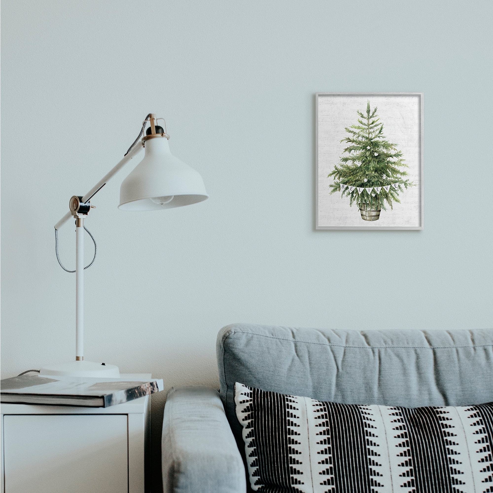 Stupell Industries Holiday Green Fir Tree with Believe Phrase Holiday Painting Gray Framed Art Print Wall Art, 11 x 14