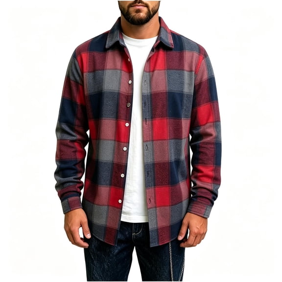 TKKCS Mens Long Sleeve Plaid Button Down Shirts- Turn Down Collar Casual Midweight Layering Flannel Jacket Shirt Red Size XL