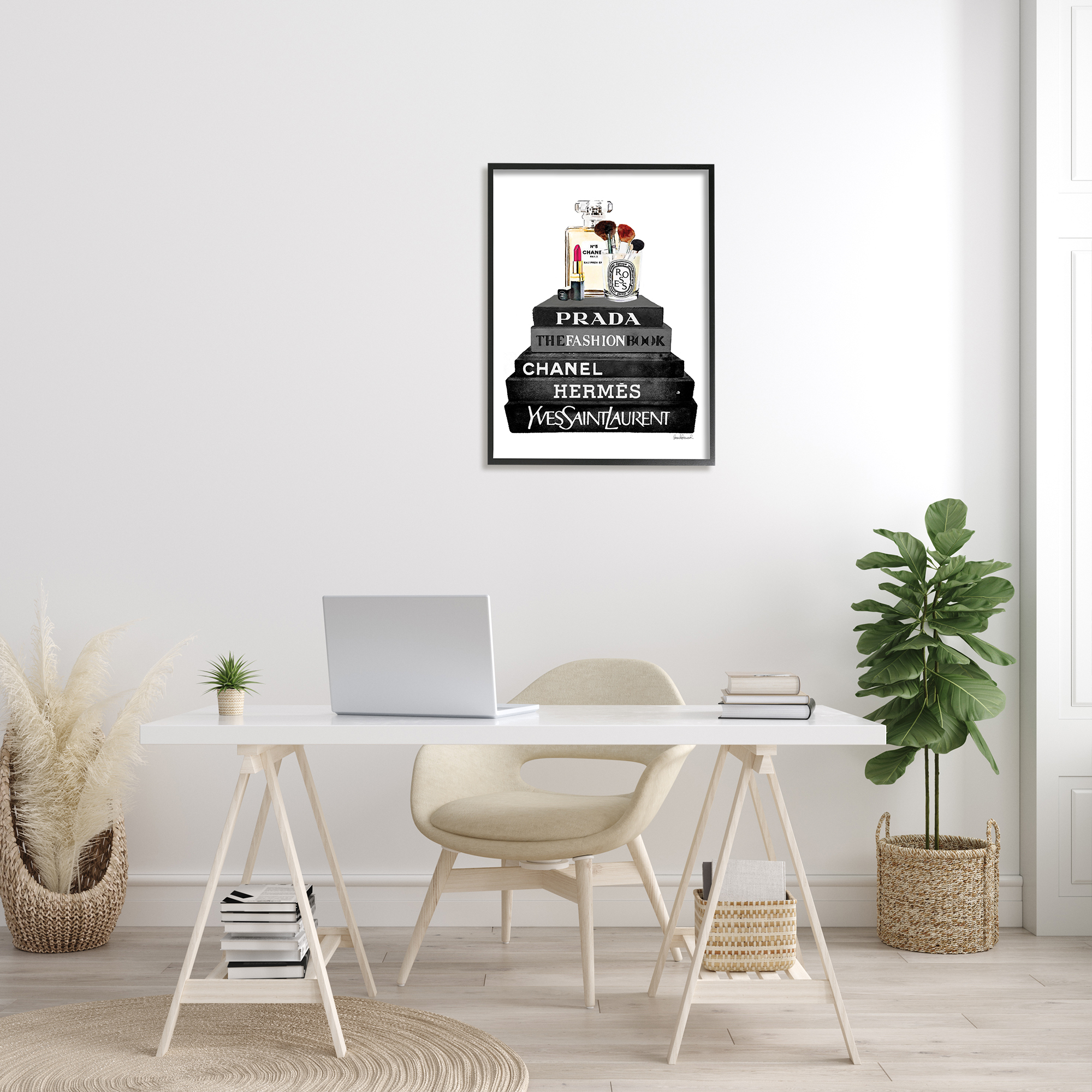 Stupell Industries Fashion Designer Makeup Bookstack Black And White Watercolor Framed Wall Art by Amanda Greenwood