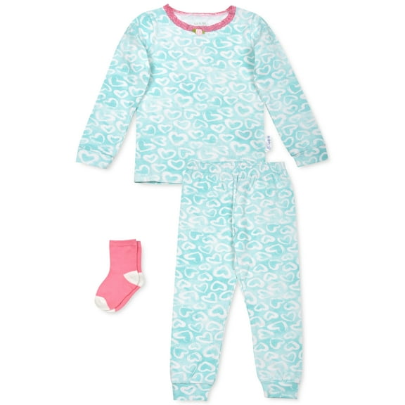 Max & Olivia Infant Girls Heart Print Pajamas And Socks Set 3 Piece Set,Blue,24M