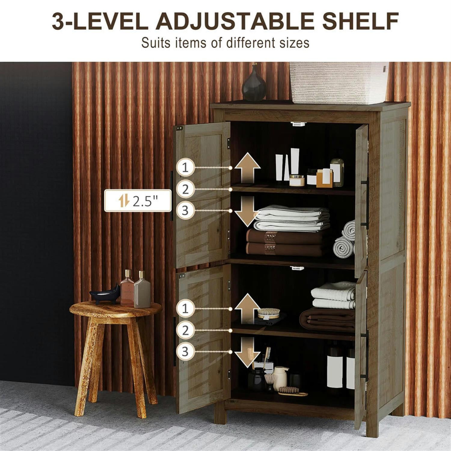 Demi Bonn 43" Farmhouse Bathroom Floor Cabinet, Freestanding Storage Cabinet with Adjustable Shelf and 4 Doors, for Living room, Entryway, Kitchen, Brown