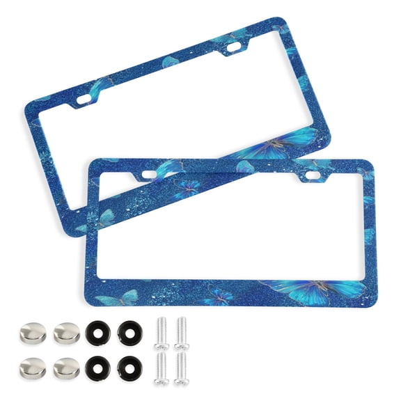 2-Pack Aluminum License Plate Frame with 2 Holes for GM License Plate Cover with Free Screws Blue Glitter Butterfly