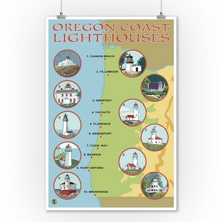 Oregon Coast Lighthouses - Lantern Press Poster (9x12 Art Print, Wall Decor Travel (Best Time To Travel To Oregon Coast)