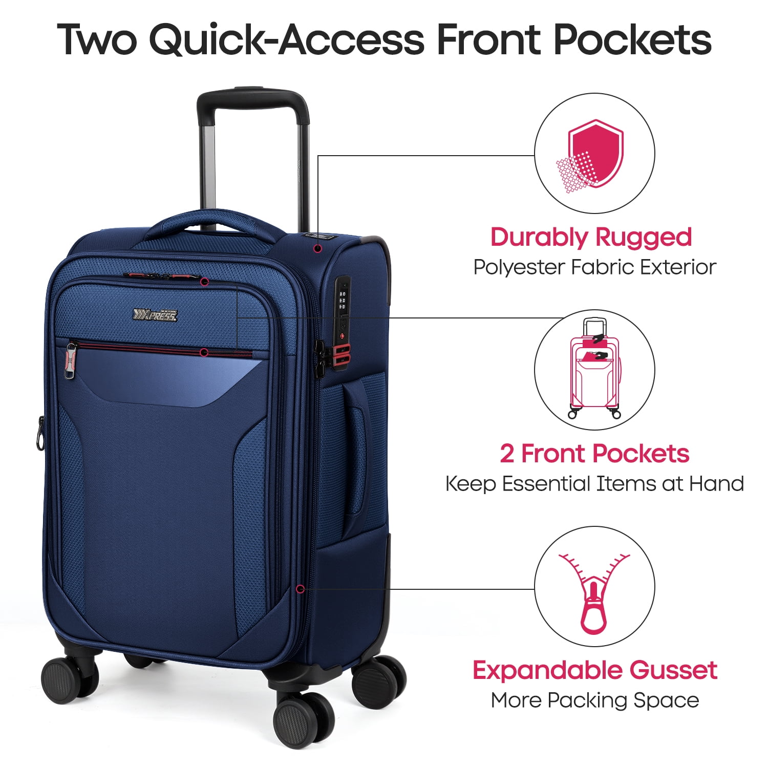 New York Xpress 3-Piece Softside Expandable Spinner Luggage Set with TSA Lock, 22" Carry-On, 28" and 32" Checked, Navy - WD8817
