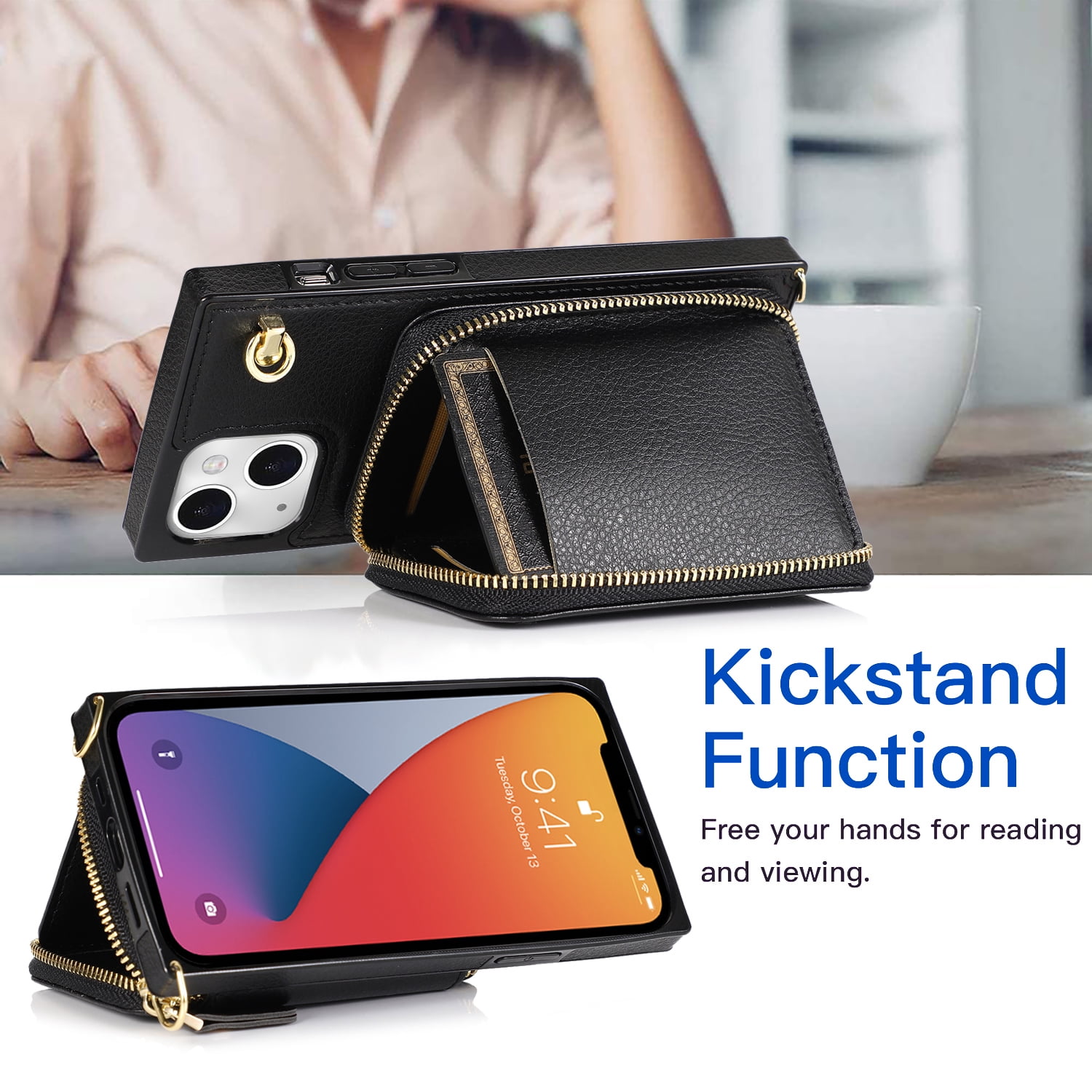 TECH CIRCLE For iPhone 7 / 8 / SE 2022 & 2020 Wallet Case,Card Holder Phone Case for Women, Zipper PU Leather Purse Kickstand Folio Flip Case with Crossbody Strap for Apple iPhone 7 8 SE 2022,Black