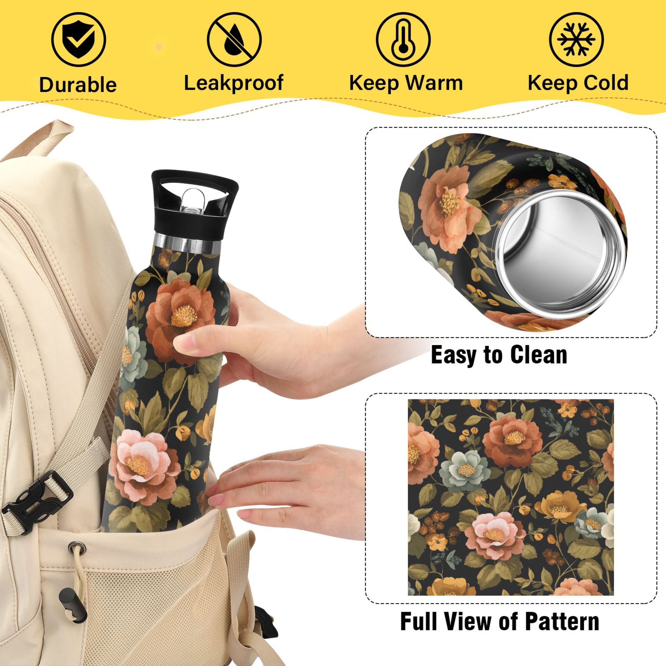 Kids Insulated Stainless Steel Sports Water Bottle 600ml (20oz) Vintage-inspired Floral Pattern