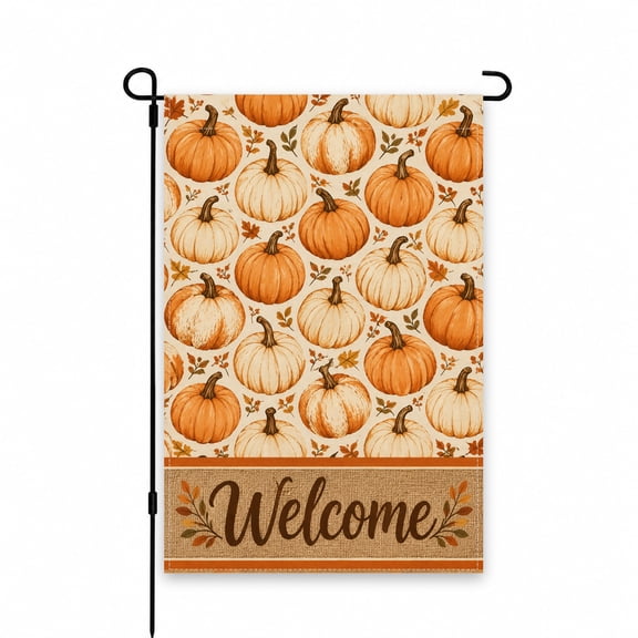Fall Pumpkin Welcome Garden Flag 12 x 18 Inch, Orange and White Pumpkin Pattern with Autumn Leaves and Welcome Lettering, Seasonal Yard Flag for Garden Lawn Patio Porch Outdoor Decor