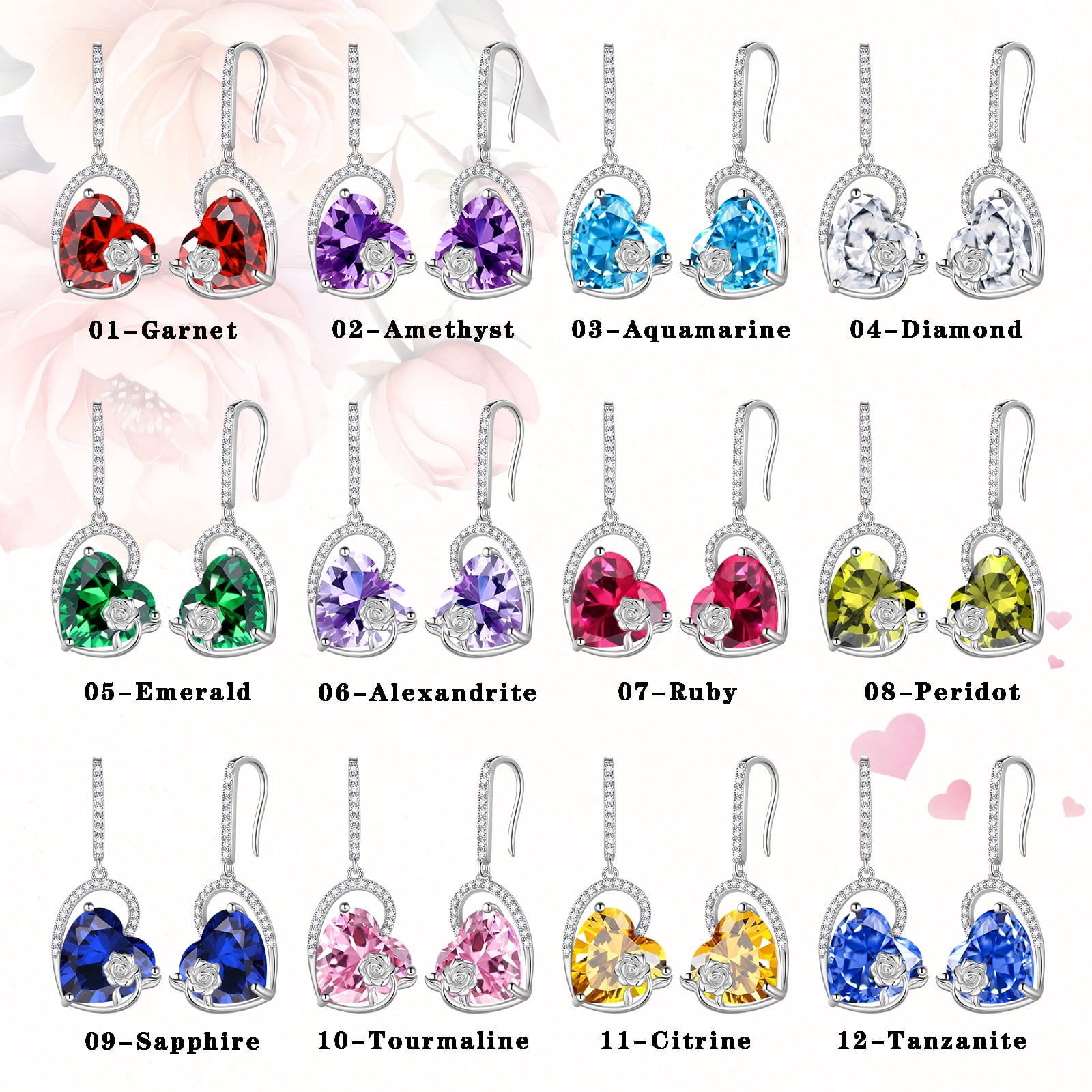 Juwaliy 925 Sterling Silver Earrings Women Heart March Birthstone Hook Dangle Earring Aquamarine Blue Rose Flower Jewelry Mother Birthday Gift