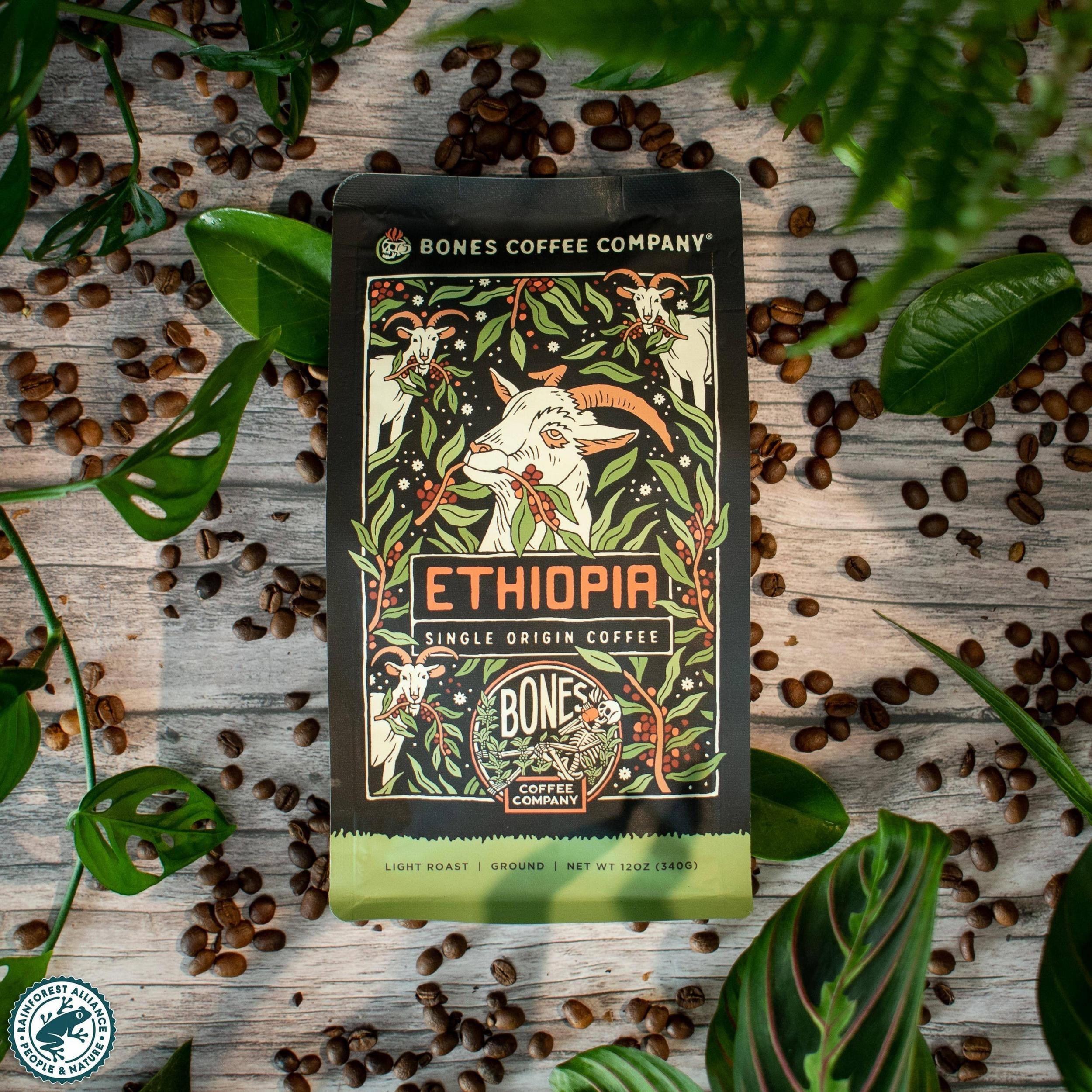 Bones Coffee Light Roast Whole Bean Coffee | 12 oz Ethiopia Single-Origin Flavored Coffee