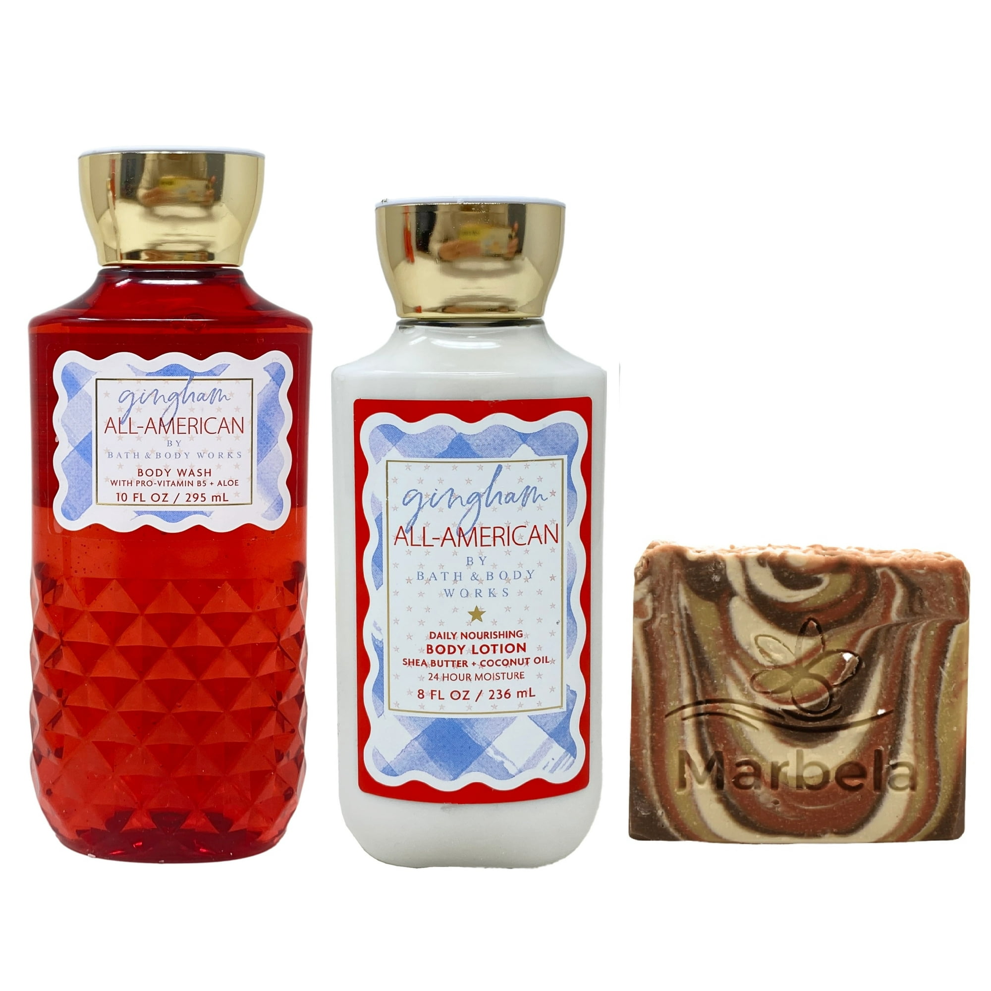 Bath & Body Works Gingham All-American Body Wash and Body Lotion Duo Set with a Clay Baby Bar Soap - Full Size