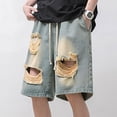 thumbnail image 2 of Jean Shorts Men Ripped Drawstring Stretch Elastic Waist Knee Length Denim Bermuda Shorts with Pockets Baggy Distressed Mens Denim Shorts, 2 of 5