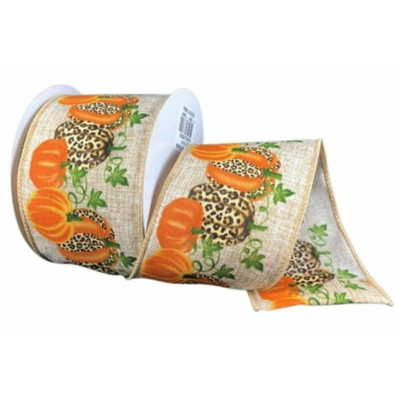 2.5" Natural Linen Cheetah Pumpkin Ribbon: Orange (10 Yards)