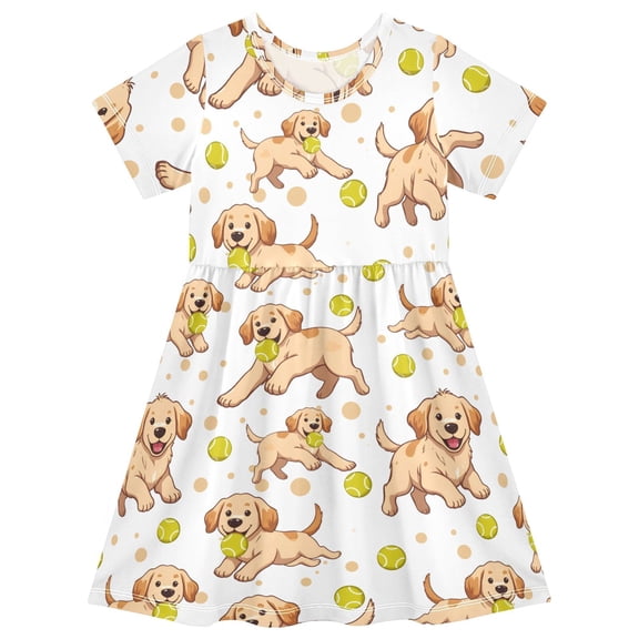 Baseball Golden Retriever Short Sleeve Dress A-Line Cute Midi Casual Sundress 2-8 Years
