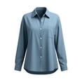 thumbnail image 4 of Tusihei Women's Collared Long Sleeve Button Down Shirt Work Top with Pocket Casual Solid Blouse Fall Spring Office Tunic Tee, Blue XL, 4 of 6
