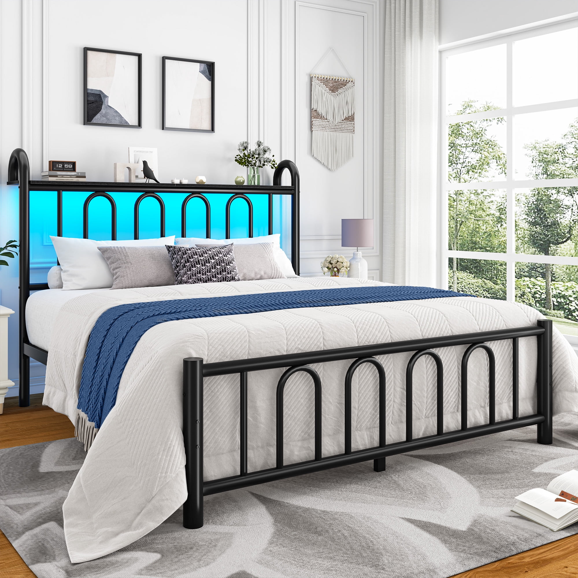 EnHomee Queen Size Metal Platform Bed Frame with Headboard Metal Bed Frame with LED Lights Queen Bed Frame with Underbed Storage,Black