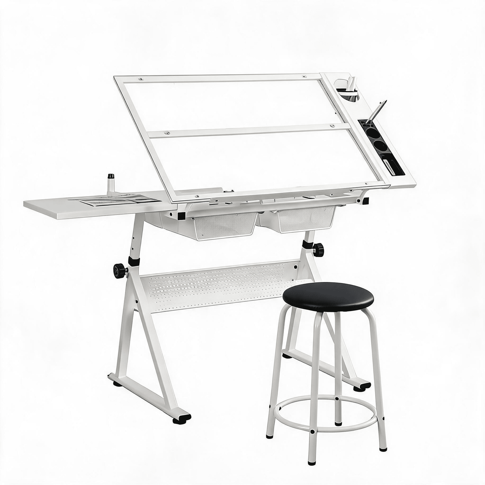 Adjustable Tempered Glass Drafting Printing Table With Chair