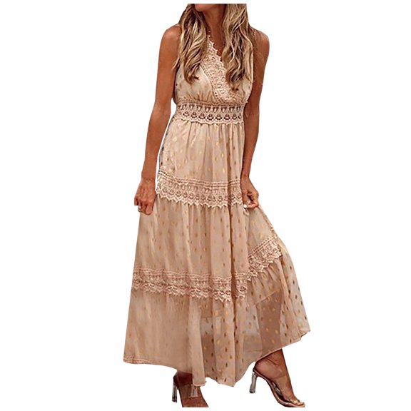 Odeerbi Dresses For Women Midi Dresses Trendy Casual Print Sleeveless Lace Patchwork Vest Long Dress Beige