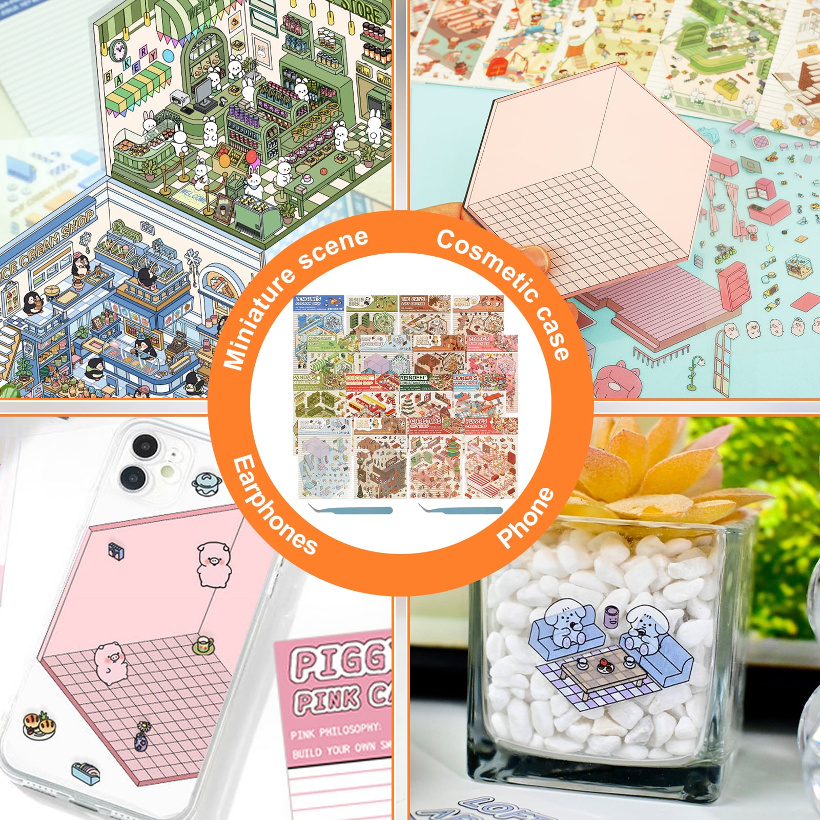 Vensio -16Pcs DIY 3D House Scene Stickers Set with 2 Tweezers, Reusable PET 3D Cartoon Furniture Stickers for Mini Room Decoration and Laptop Crafts, 1set