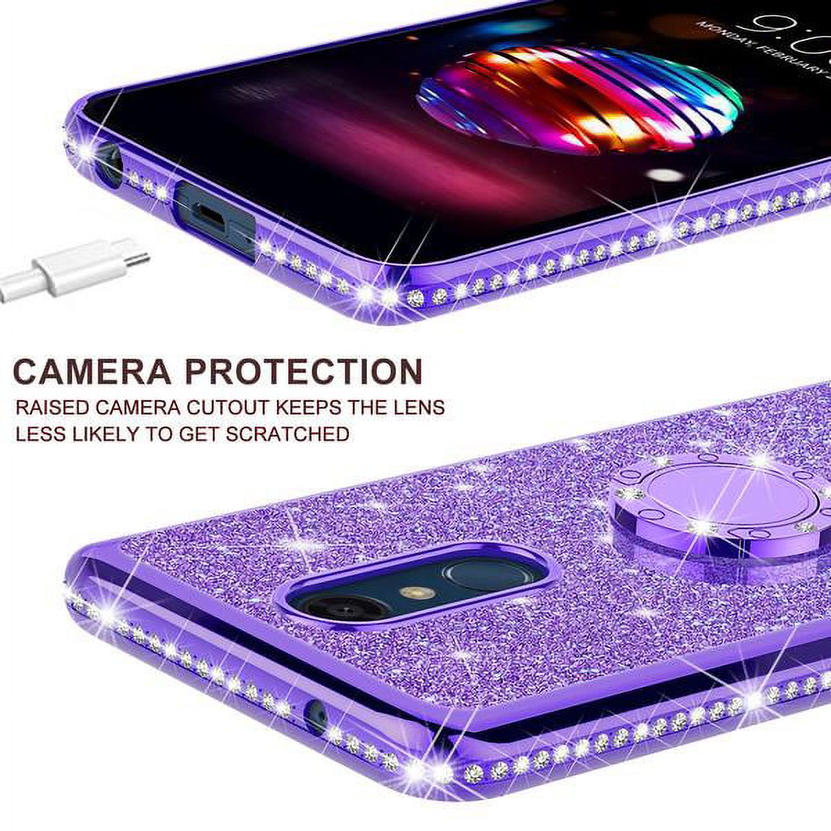 LG Xpression Plus Case/LG Phoenix Plus Case/LG Harmony 2/K10 2018/K30/Premier Pro LTE Case,Cute Glitter Bling Diamond Bumper Ring Stand Phone Case Sparkly Clear Kickstand Case Girls Women - Purple - image 5 of 5