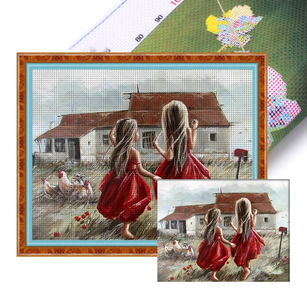 Hilo Algodón Ecológico Bordado 11CT 3 Hebras Impresión 50*40cm Niña Delante La Casa Kit Serie Paisaje Punto Cruz