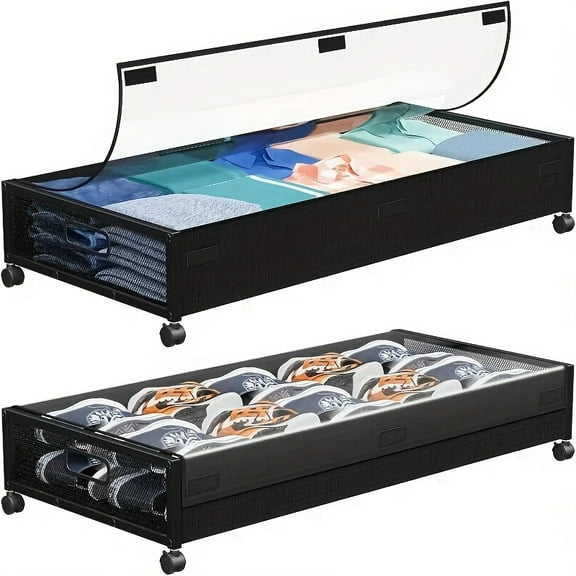 2pcs Under Bed Storage with Wheels & Clear Lids - Rolling Drawers for Clothes, Shoes, Toys, Blankets - Black & Gray Under-Bed Storage Containers