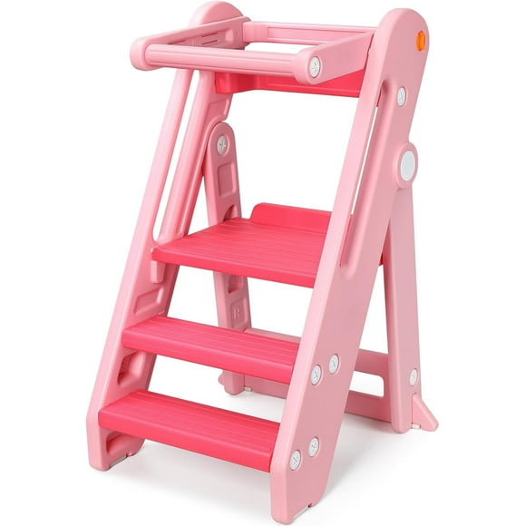 Toddler Tower Kitchen Stool Helper - Foldable & Adjustable Height Kids Learning Stool for Kitchen Counter Bathroom Sink Child Ladder for Toddlers with Handles, Safty Rail, Non-Slip-Beige White