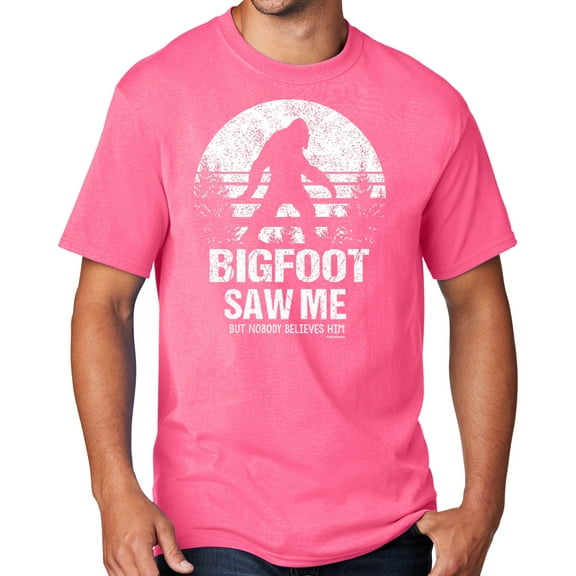 Men's Bigfoot Saw Me Funny Sasquatch T-shirt, Large Neon Pink