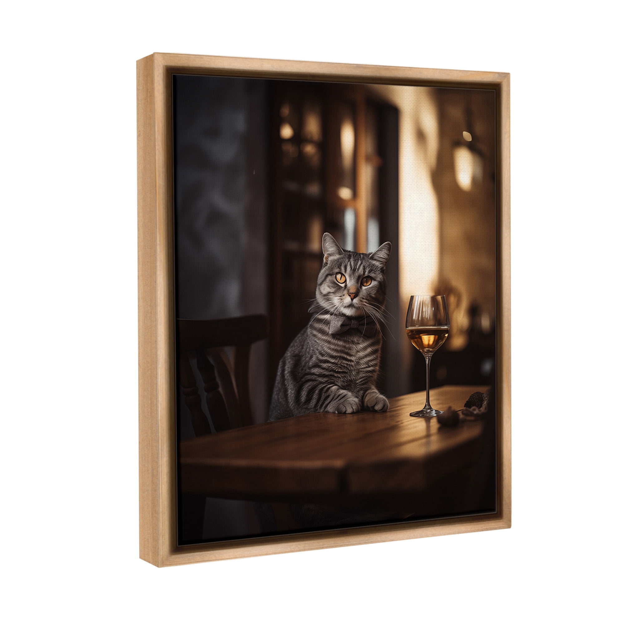 Stupell Industries Classy Cat with Wine Animals & Insects Painting Brown Floater Framed Canvas Art Print Wall Art, 17 x 21