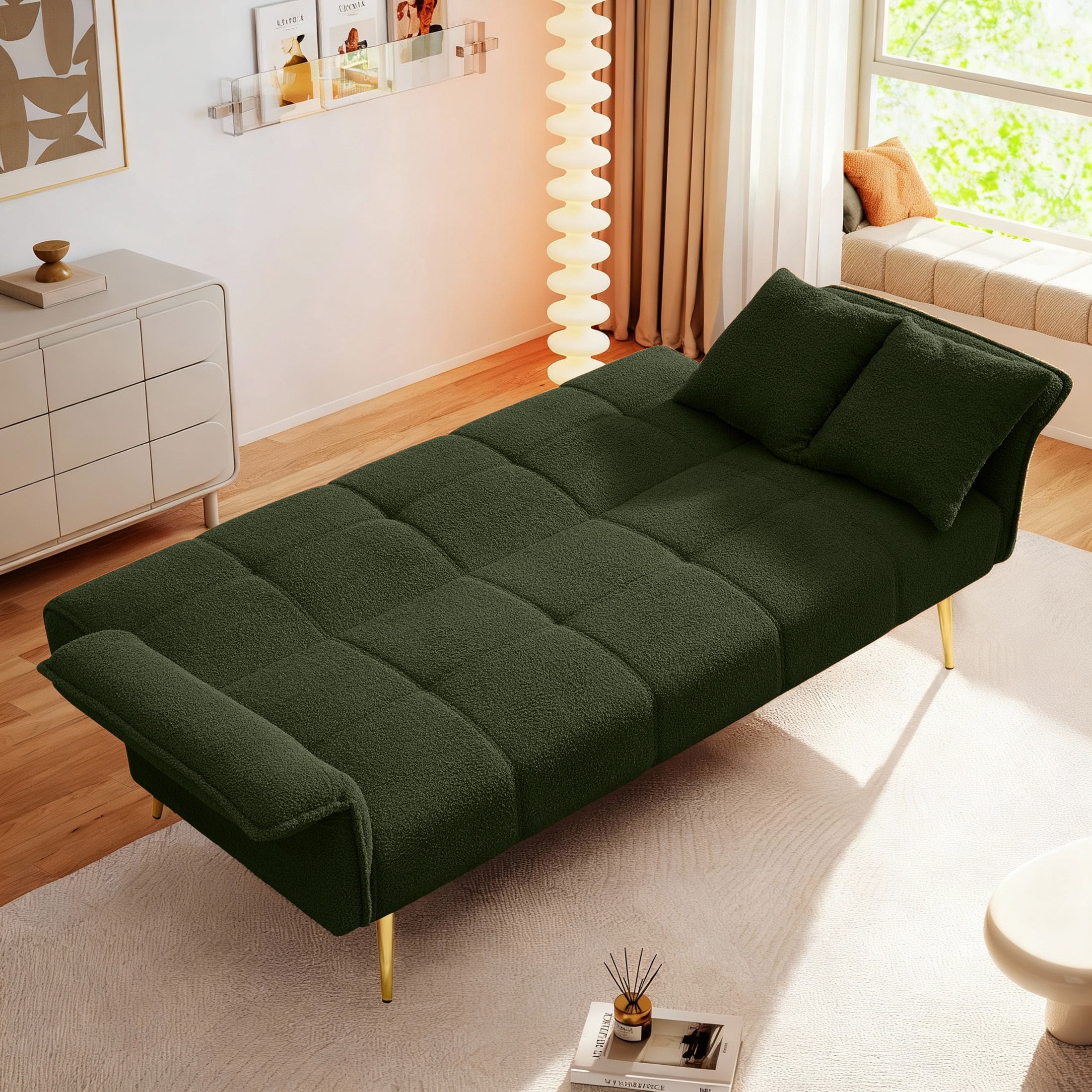 Aukfa 79" Teddy Fleece Convertible Futon Sofa Bed, 3-Position Adjustable Armrests, 2 Pillows, Green