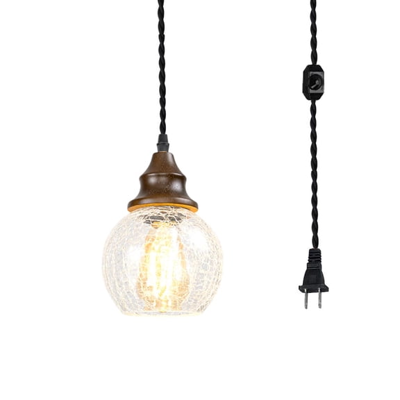 KAYYELAMP 15ft Dimmable Cord Plug-in Pendant E26 Walnut Base Crack Glass Ball Shade Hanging Light Vintage Decor for Kitchen Home Office(No Bulb)