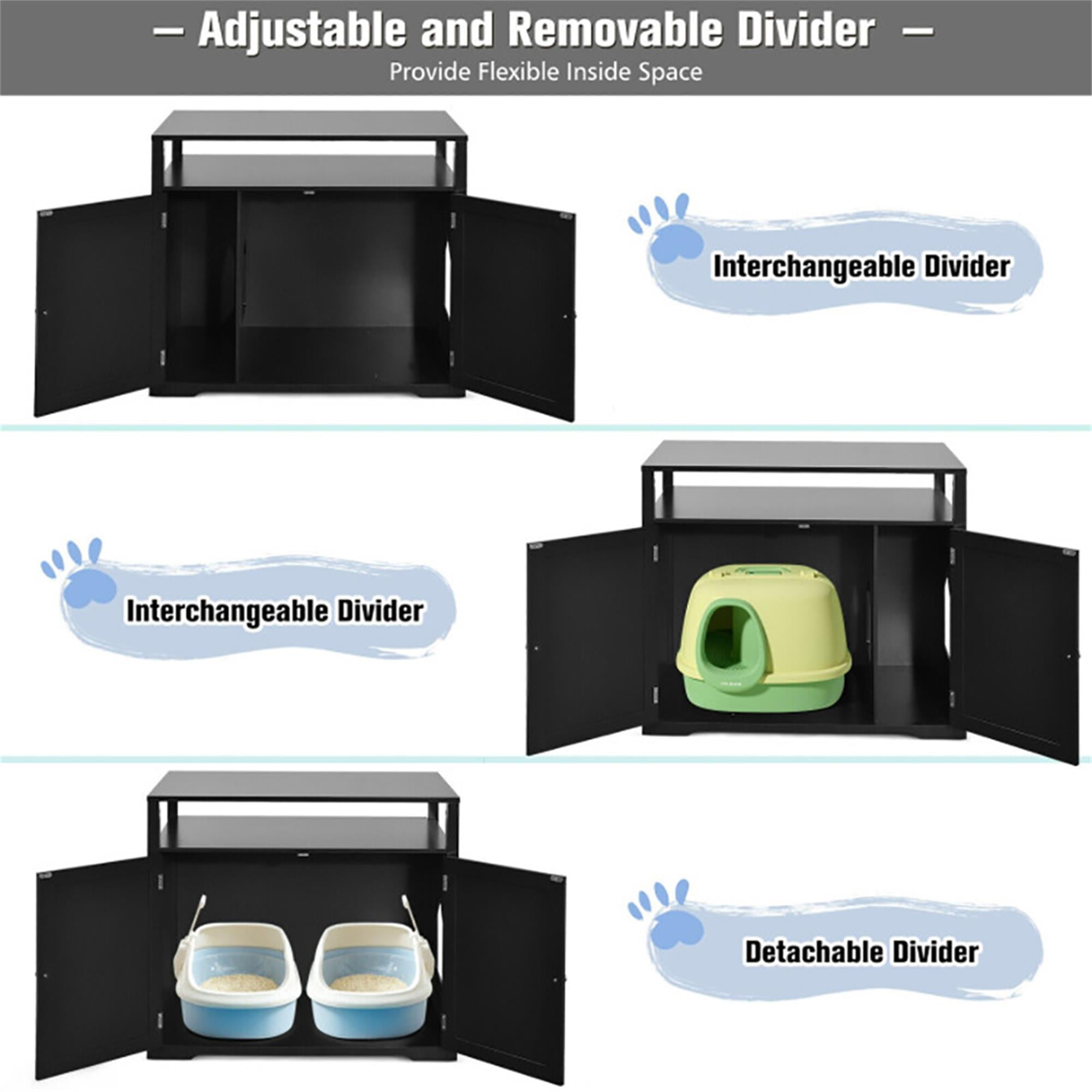 Kadyn 31" Cat Litter Box Enclosure Furniture, Cat Litter Box Cabinet Hidden with Storage Shelf, Cat House with Doors and Divider, Black