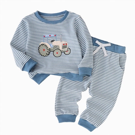 mgoYE Toddler Baby Boy Fall Clothes Truck Embroidery Waffle Sweatshirt Pullover Tops + Casual Pants Infant 2 Piece Winter Outfit Set(Blue 3-4 Years)